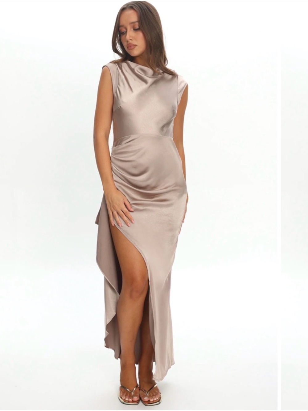 Grecian Cap Sleeve Cowl Back Dress Champagne NWT SIZE SMALL